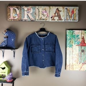 POL Blue Denim Frayed Hem Top